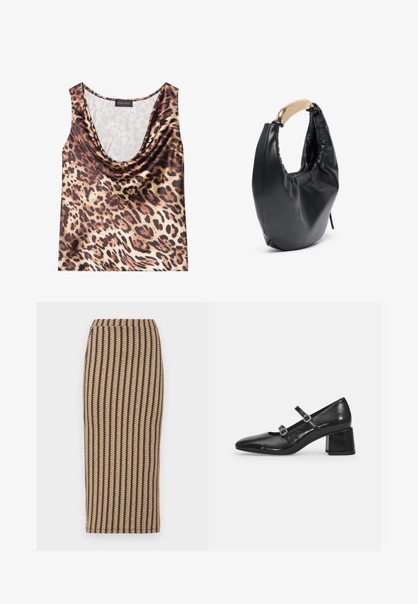 Top sin mangas de estampado de leopardo, con escote drapeado, textura sedosa, en una gama de colores marrón y beige, con grandes manchas negras y un acabado suave.; Falda lápiz de punto en color tostado con rayas verticales negras. Diseño entallado de largo medio con una textura suave y una cinturilla simple. Sin cierres visibles.; Zapatos Mary Jane de charol negro con punta afilada, dos correas ajustables y tacón cuadrado grueso. Textura suave y acabado brillante.; Bolso de mano de imitación cuero negro con una silueta curva. Presenta un asa de tono dorado brillante y una textura fruncida a lo largo de la apertura superior.