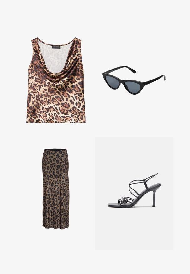 Top med leopardprint, uden ærmer, med draperet halsudskæring, silkeagtig tekstur, brun og beige farveskema, med fede sorte pletter og glat finish.; Leopardprint nederdel i brune og sorte nuancer, med et flydende design og en subtil flæsekant, fremstillet af et let og blødt stof.; Sorte højhælede sandaler med tynde stropper og en knyttet design, en glat firkantet tå og en slank stiletto hæl.; Sorte katteøje solbriller med mørkegrå linser, slankt plastisk stel, spidse hjørner og lige stænger. Ingen synlig hardware eller dekorationer.