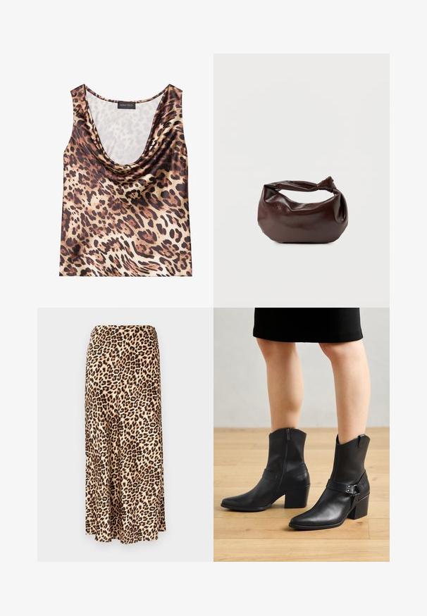 Top med leopardprint, uden ærmer, med draperet halsudskæring, silkeagtig tekstur, brun og beige farveskema, med fede sorte pletter og glat finish.; Løleopardprint lang nederdel lavet af glat stof. Tan base med sorte og brune pletter. Udsvingende design med en lige kant.; Sorte læder ankelstøvler med spids tå, lynlås lukning, buet hæl og en dekorativ rem med metal detaljer.; Mørkebrun læder skuldertaske med en blød, afslappet form og et snoet knudehåndtag på en ensartet hvid baggrund.