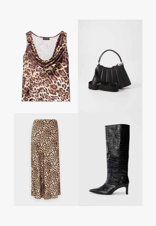 Leopardprint mouwloze top, gedrapeerde halslijn, zijdezachte textuur, bruin en beige kleurenschema, met gedurfde zwarte vlekken en een gladde afwerking.; Lange rok met luipaardenprint, gemaakt van gladde stof. Tan basis met zwarte en bruine vlekken. Uitlopende ontwerp met een rechte zoom.; Zwarte knielaarzen met een glanzende, krokodillenpatroonstructuur, een puntige neus en een taps toelopende hak. Gladde synthetische materiaal.; Zwarte geplooide handtas met een ronde handgreep, verstelbare schouderriem en glanzende textuur. Heeft zilveren hardware en een gestructureerde silhoutte.