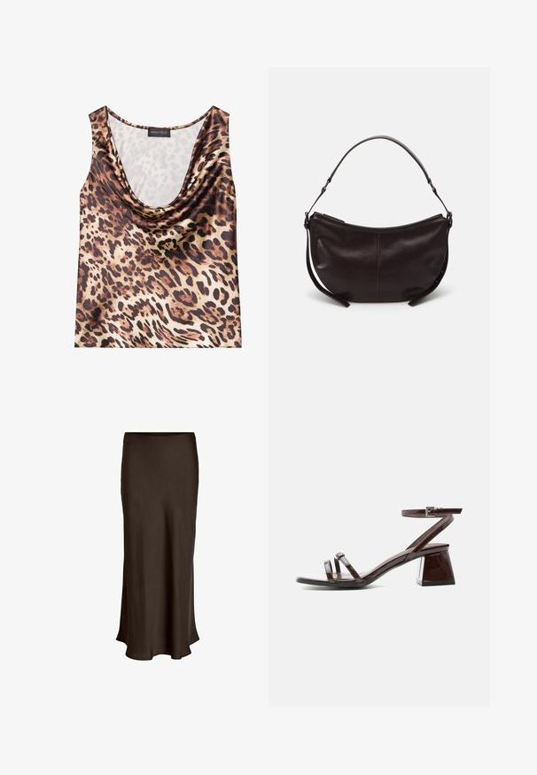 Leopardprint mouwloze top, gedrapeerde halslijn, zijdezachte textuur, bruin en beige kleurenschema, met gedurfde zwarte vlekken en een gladde afwerking.; VILA VIELLETTE HW MIDI SKIRT - NOOS - Maxirok - coffee bean; Donkerbruine sandalen van lakleer met blokhak, enkelriem met gesp en twee dunne bandjes over de tenen op witte achtergrond.; Donkerbruine leren schoudertas met een gebogen vorm, gladde textuur en een enkele verstelbare strap. Voorzien van een ritsluiting.