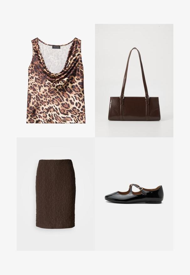 Top med leopardprint, uden ærmer, med draperet halsudskæring, silkeagtig tekstur, brun og beige farveskema, med fede sorte pletter og glat finish.; Brun knælang nederdel lavet af tekstureret stof med en krøllet overflade. Har et tætsiddende design og ingen synlige lukninger eller accenter.; Sort laklæder Mary Jane-flad sko med to udskæringer og en guldbuckelrem på hvid baggrund.; Brun lakeret håndtaske med rektangulær form, to lange håndtag og subtile buede detaljer på fronten.