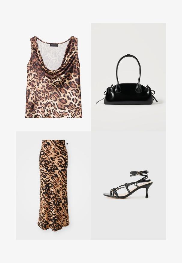 Top med leopardprint, uden ærmer, med draperet halsudskæring, silkeagtig tekstur, brun og beige farveskema, med fede sorte pletter og glat finish.; Maxikjole med leopardprint og en tætsiddende talje, lavet af blødt stof, med nuancer af brun og sort i en svævende A-formet silhuet.; Sort patentlæder højhælede sandaler med stropdesign, justerbar ankelrem og knyttede detaljer. Glat tekstur, spids tå.; Lille sort blank håndtaske med to lange håndtag og snøre-detaljer i siden på en ensfarvet lys baggrund.