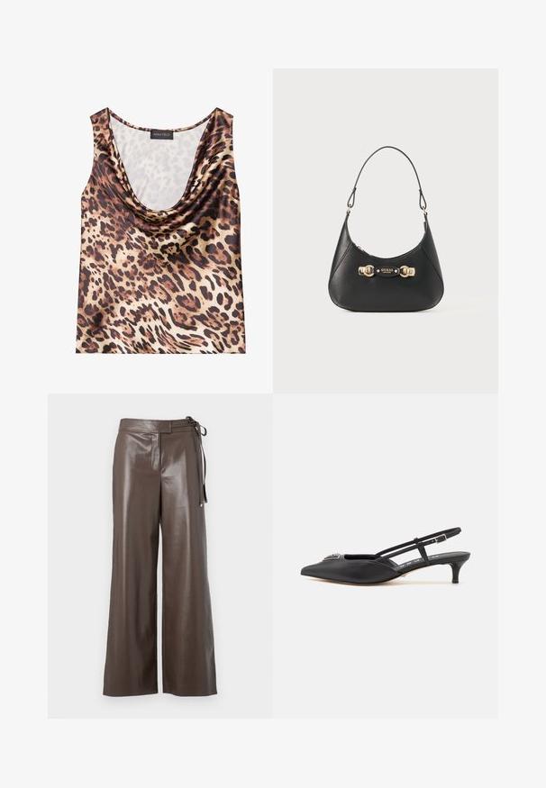 Top med leopardprint, uden ærmer, med draperet halsudskæring, silkeagtig tekstur, brun og beige farveskema, med fede sorte pletter og glat finish.; Brune faux læder vide bukser med høj talje og sidesnor-detalje på hvid baggrund.; Sorte slingback-sko med spids tå, lavet af glat materiale, med en lille hæl og en dekorativ sølvaccent på vamps.; Sort læderhåndtaske med en buet silhuet, der har en top-håndtag, guldfarvet hardware og en logoplade på forsiden. Glat tekstur.