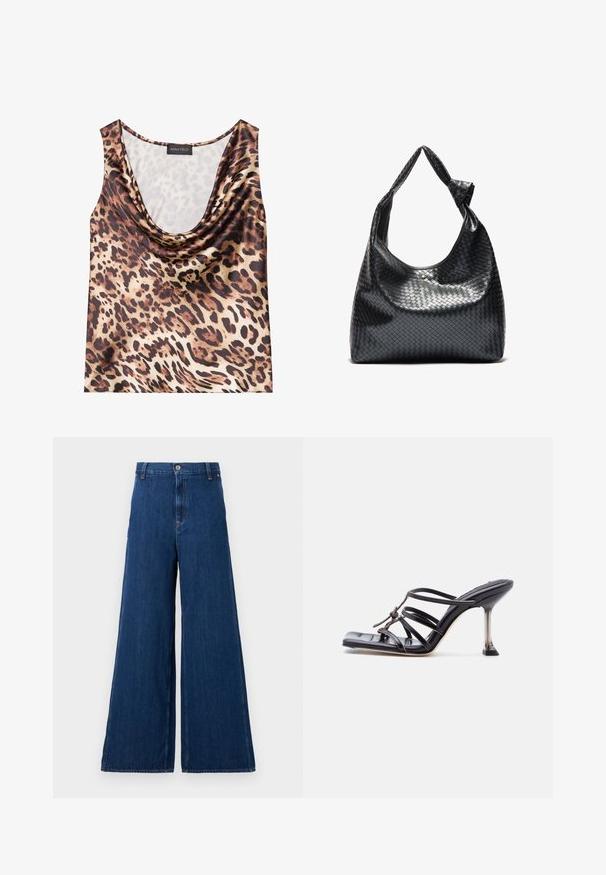 Leopardenmuster ärmelloses Oberteil, drapierter Ausschnitt, seidige Textur, in Braun- und Beigetönen, mit kräftigen schwarzen Flecken und glatter Oberfläche.; Replay PANTS - Jeans Straight Leg - dark blue; Schwarze, Riemchen-Sandalette mit hohem Absatz, quadratischer Zehenform und dünnem Stiletto-Absatz, versehen mit überlappenden Riemen und einer geknoteten Detailgebung am Obermaterial.; Schwarze gewebte Lederhandtasche mit lässigem Design, ausgestattet mit einem geknoteten Trageriemen und einem kleinen dekorativen goldenen Nagel am oberen Rand.