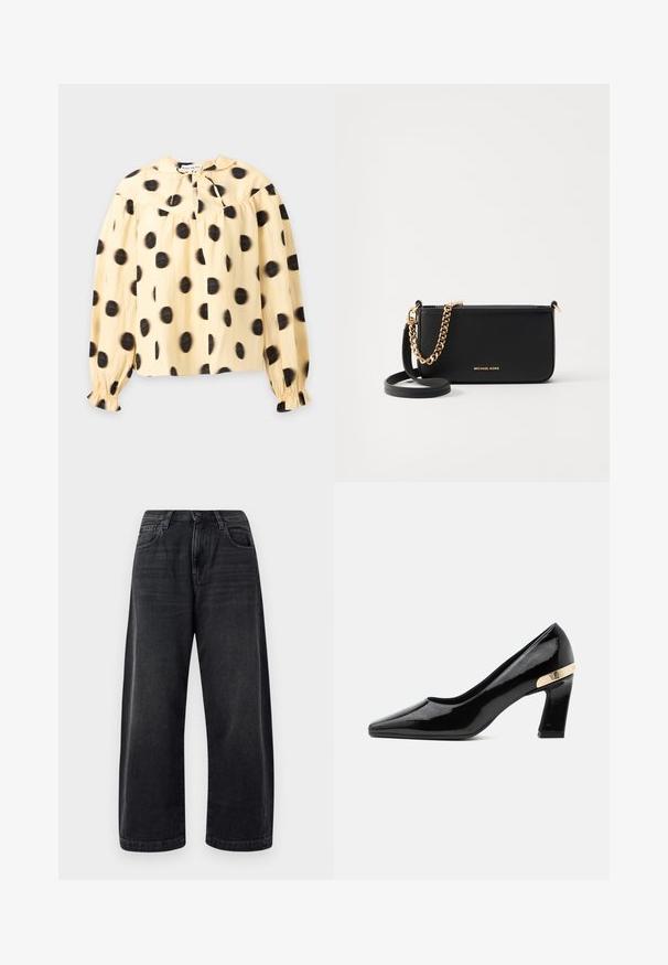 Blusa beige de manga larga con grandes lunares negros irregulares, puños fruncidos y un pequeño escote en forma de ojo de cerradura con cordón.; Jeans de pierna ancha en negro, fabricados en denim, con un diseño clásico de cinco bolsillos, un ligero desvanecimiento y un cierre de botón en la cintura.; Zapato de tacón alto de cuero de charol negro con punta afilada, tacón ancho y detalle metálico dorado en la parte trasera.; Clutch de cuero negro con un detalle en cadena dorada, textura suave y logotipo dorado. Incluye una correa ajustable para mayor versatilidad.