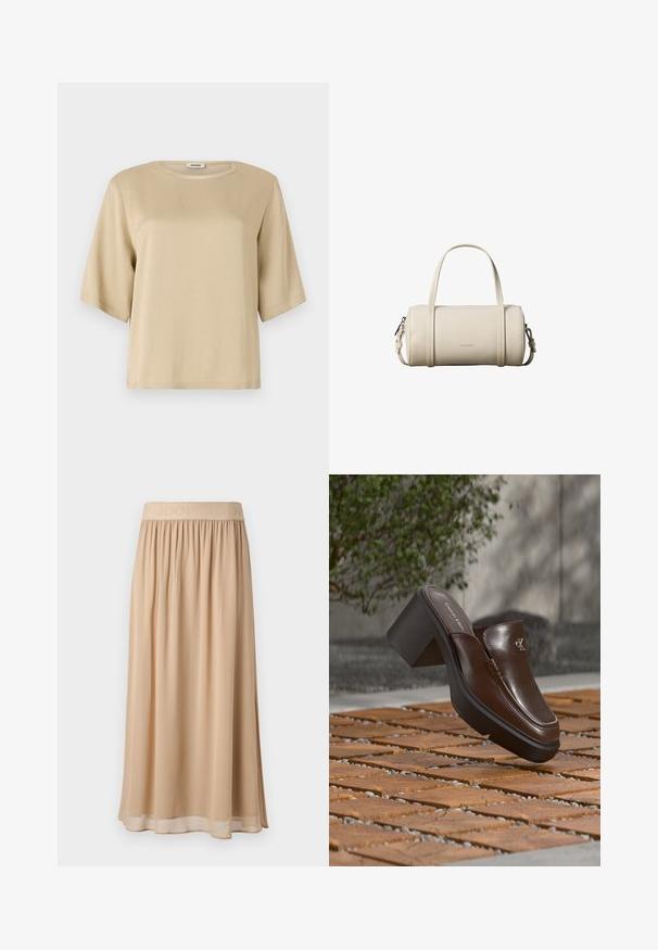 Beige bomulds t-shirt med rund halsudskæring, korte ærmer og en afslappet pasform. Glat tekstur uden synlige mønstre eller udsmykninger.; Beige midi-nederdel med bred elastisk talje med mærkenavn. Blødt, flydende materiale med glat tekstur og enkelt design.; Brun læder Calvin Klein hæl mule svævende over trægulv med en sløret grøn plante og væg baggrund.; Lille cylindrisk beige læderhåndtaske med to håndtag, en aftagelig skulderrem og Calvin Klein-logo på fronten.
