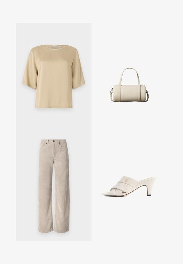 Beige bomulds t-shirt med rund halsudskæring, korte ærmer og en afslappet pasform. Glat tekstur uden synlige mønstre eller udsmykninger.; Beige corduroy bukser med vidde og lodrette striber, der har knaplukning og frontlommer. Blødt, tekstureret stof med en afslappet pasform.; Beige højhælede mules med et snoet læderstropdesign, åben tå og præget logoaccent. Hælen har en sort spidsdetalje.; Lille cylindrisk beige læderhåndtaske med to håndtag, en aftagelig skulderrem og Calvin Klein-logo på fronten.