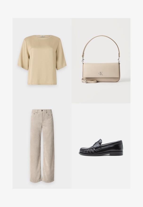 Beige bomulds t-shirt med rund halsudskæring, korte ærmer og en afslappet pasform. Glat tekstur uden synlige mønstre eller udsmykninger.; Beige corduroy bukser med vidde og lodrette striber, der har knaplukning og frontlommer. Blødt, tekstureret stof med en afslappet pasform.; Sorte læderloafers med rundet tå, karakteristisk syning og en dekorativ rem over vampen. Glat finish og lav hæl.; Beige læderhåndtaske med top-håndtag og aftagelig skulderrem, med en sølv "cK" logo på forklappen.