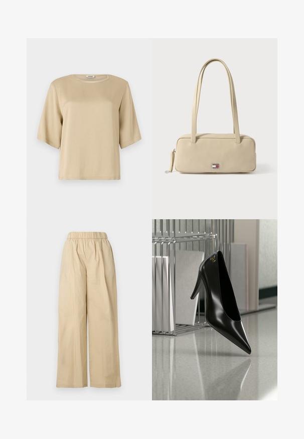 Beige bomulds t-shirt med rund halsudskæring, korte ærmer og en afslappet pasform. Glat tekstur uden synlige mønstre eller udsmykninger.; Beige bukser med vidde ben, elastisk talje, fladt forstykke og blød stofstruktur. Har et løstsiddende design for komfort.; Sort højhælet sko med spids tå og guldlogo, placeret på en reflekterende overflade nær en krom trådfilholder med dokumenter.; Beige rektangulær håndtaske lavet af glat materiale med to håndtag, en lynlåslukning og et metal-logo med mærketryk på forsiden.