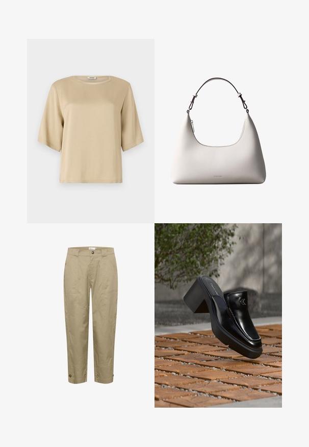 Beige bomulds t-shirt med rund halsudskæring, korte ærmer og en afslappet pasform. Glat tekstur uden synlige mønstre eller udsmykninger.; Beige, lette bukser med lige pasform, der har sidelommer og knapdetaljer i kanten for justerbar pasform og stil.; Sort læder Calvin Klein slip-on mule med blokhæl, der hviler på trætøj udendørs nær en grøn plante og en grå væg.; Cremefarvet skuldertaske i læder fra Calvin Klein med buet topkant, sølvfarvet lynlås og mørkebrun justerbar rem.