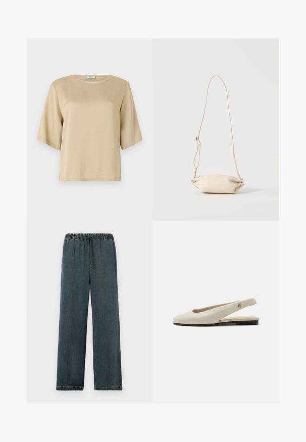 Beige bomulds t-shirt med rund halsudskæring, korte ærmer og en afslappet pasform. Glat tekstur uden synlige mønstre eller udsmykninger.; Mørkeblå denimbukser med elastisk talje og snor. Bred ben-design med afsluttede sømmer og en glat, tekstureret overflade.; Flatsko i cremefarvet læder med rundet tå og lille guldemblem på remmen.; Lille beige læder crossbody taske med justerbar rem, vist mod en ensfarvet lys baggrund.