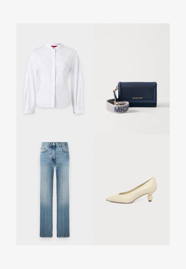 Witte blouse met lange mouwen, mandarinnek, verborgen knoopsluiting en licht opgepofte mouwen met knoopmanchetten.; Lichtblauwe rechte spijkerbroek van denim, met subtiele vervaging, klassiek vijf-pocket ontwerp en een metalen knoopsluiting in de taille.; Dames schoen in roomkleur met een puntige neus en een lage, ronde balvormige hak op een effen achtergrond.; Marineblauwe leren portemonnee met een gouden logo, voorzien van een afneembare strap met "MICHAEL" in witte tekst op een gestructureerde achtergrond. Compact ontwerp.
