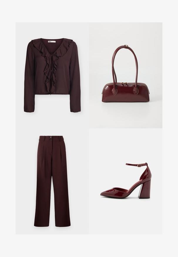 Blouse marron foncé à manches longues avec col en V à volant et fermeture nouée devant, en tissu léger.; Pantalons évasés en bordeaux foncé, avec une taille haute, deux plis à l'avant et une fermeture à deux boutons. Fabriqués en tissu texturé.; Escarpin en cuir verni bordeaux à talon haut, avec un bout pointu, une bride de cheville et un talon épais. Texture lisse et design élégant.; Sac à main en cuir bordeaux avec une forme courbée, deux poignées, fermeture éclair et détails de couture subtils. Fini lisse et brillant.