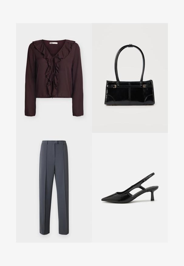 Blouse marron foncé à manches longues avec col en V à volant et fermeture nouée devant, en tissu léger.; Un pantalon gris sur mesure présente une coupe droite, un devant plissé et une texture lisse. La ceinture est équipée de passants pour une adaptation ajustable.; Escarpins noirs à talon ouvert avec un embout pointu, fabriqués en matériau brillant, présentant des accents découpés et un talon modéré pour un bon soutien.; Sac à main rectangulaire noir brillant avec deux fines bretelles et petits détails de boucles dorées à l'avant.