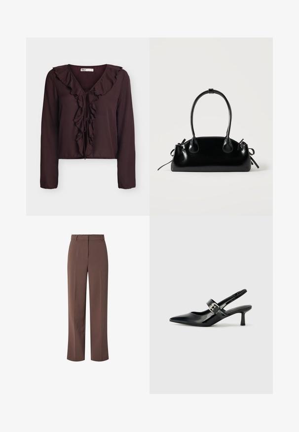Blusa marrón oscuro de manga larga con escote en V con volantes y cierre frontal con lazada, hecha de tela ligera.; Pantalones de tiro alto en marrón, ajustados y con pasadores para cinturón, con cierre de cremallera en la parte delantera, presentando un corte recto.; Zapatos de tacón en charol negro con tira al tobillo, punta afilada y un pequeño tacón bloque, que cuentan con un acento de hebilla plateada en la correa.; Pequeño bolso negro brillante con dos asas largas y detalles de cordón lateral sobre un fondo claro liso.