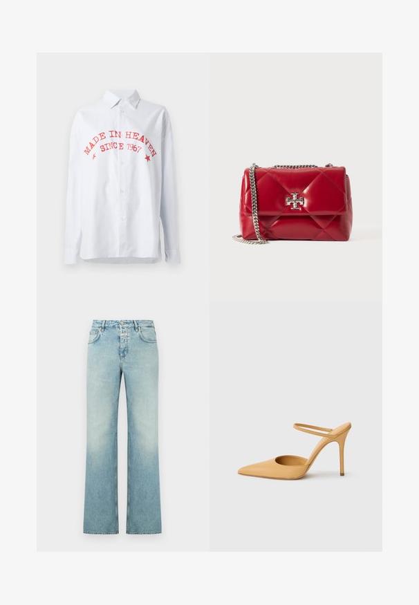 Chemise à rayures bleu et blanc, ornée d'un texte rouge : "FAIT DANS LE PARADIS DEPUIS 1967." Manches longues, coupe décontractée, en mélange de coton.; Jean large en denim bleu clair avec une finition délavée, doté d'une fermeture à boutons, de cinq poches et d'une coupe droite.; Chaussure à talon aiguille beige à bout pointu avec une fine bride de cheville sur fond blanc.; Sac à main en cuir matelassé rouge avec une chaîne en argent et un emblème en argent sur le rabat avant, présenté sur fond blanc.