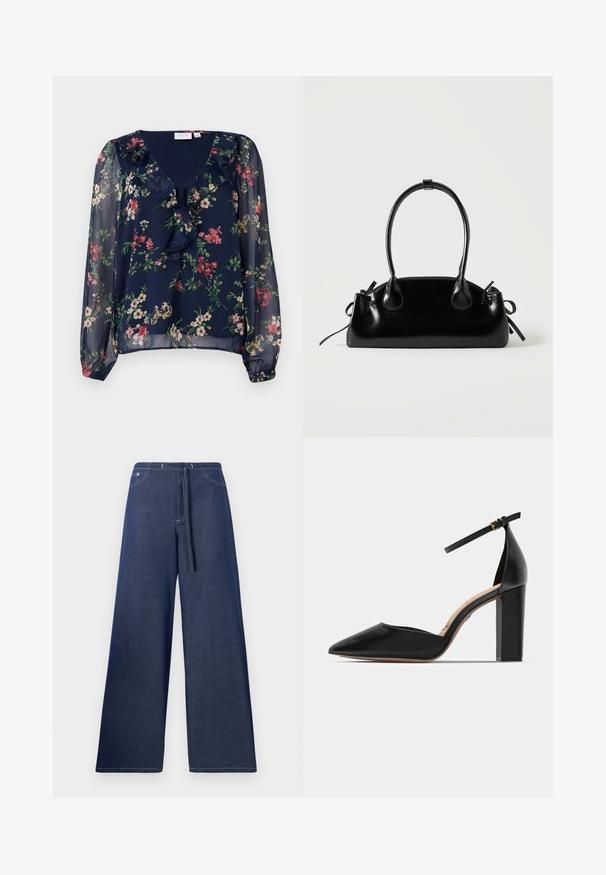 Marineblaue, transparente Bluse mit floralem Druck. Besitzt einen V-Ausschnitt, Rüschendetails und lange, gepuffte Ärmel mit elastischen Bündchen.; Hellebeiner Jeanshose in Dunkelblau, mit einem Kordelzugbund, frontalen Taschen und kontrastierenden weißen Nähten.; Schwarzer Leder-Pumps mit Knöchelriemen, spitzem Zeh und quadratischem Blockabsatz. Glatte Textur mit minimalistischer Gestaltung.; Kleine schwarze glänzende Handtasche mit zwei langen Griffen und seitlichen Kordelzug-Details vor einfachem hellem Hintergrund.