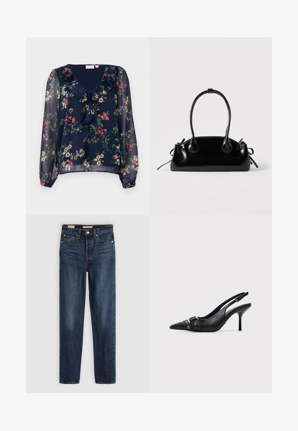 Mørkeblå, gennemsigtig bluse med blomsterprint. Har en v-halsudskæring, flæse detaljer og lange, puffede ærmer med elastiske manchetter.; Mørkeblå lige ben jeans med fem lommer, knap- og lynlås lukning samt kontrastsyninger.; Sort læder højhælet sko med spidst tåparti, slingback og rem med spænde og nitter foran.; Lille sort blank håndtaske med to lange håndtag og snøre-detaljer i siden på en ensfarvet lys baggrund.