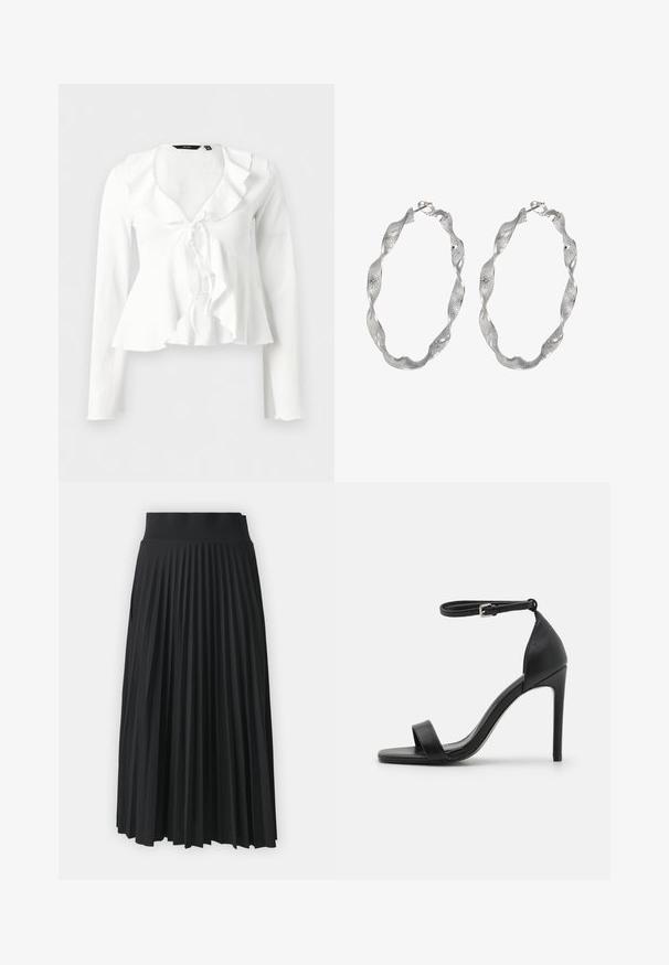 Witte blouse met lange mouwen, ruches bij de halslijn en een strikdetail aan de voorkant, licht gestructureerde stof, getailleerde pasvorm en uitgewaaierde zoom.; Zwarte geplooide rok met een brede tailleband, gekenmerkt door uniforme verticale plooien. Soepele textuur met een vloeiend ontwerp.; Zwarte sandalen met hoge hakken, met een slank ontwerp, voorzien van een enkelbandje, open teen en een gladde leren textuur.; Zilveren ringoorbellen met een gedraaide ontwerp, met een gestructureerd oppervlak en een veilige sluiting. Lichtgewicht en reflecterend met een vloeiende afwerking.