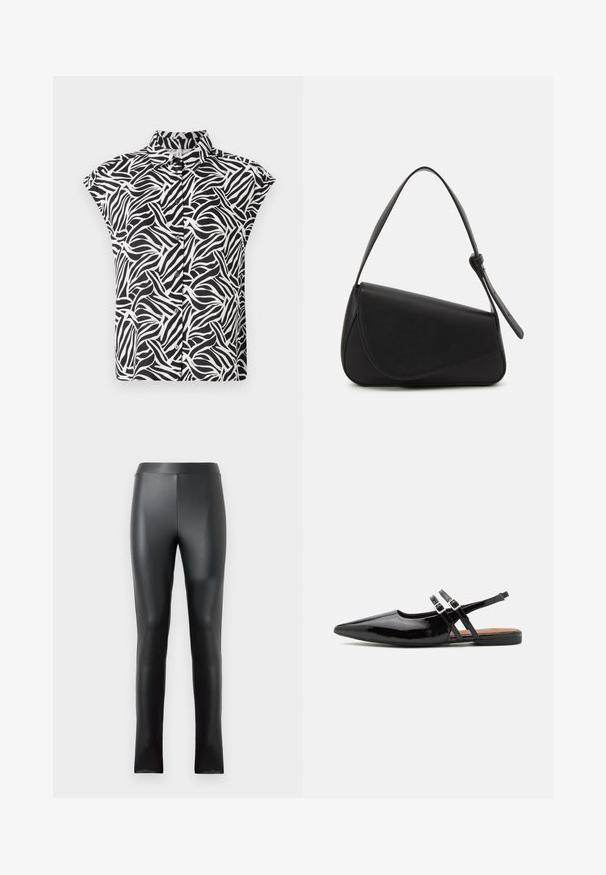 Chemise à manches courtes en noir et blanc, ornée d'un motif de vagues. Fabriquée en tissu léger avec un col et des boutons.; Leggings noirs en matériau lisse et brillant, dotés d'une taille haute et d'une coupe ajustée. Aucune couture ni embellissement visibles.; Des chaussures slingbacks en cuir verni noir présentent un bout pointu, deux sangles avec des accents de boucle, et une semelle plate.; Sac à main en cuir noir de forme triangulaire, avec un rabat incliné et une poignée supérieure arrondie. Il présente une texture lisse et des détails de design minimalistes.