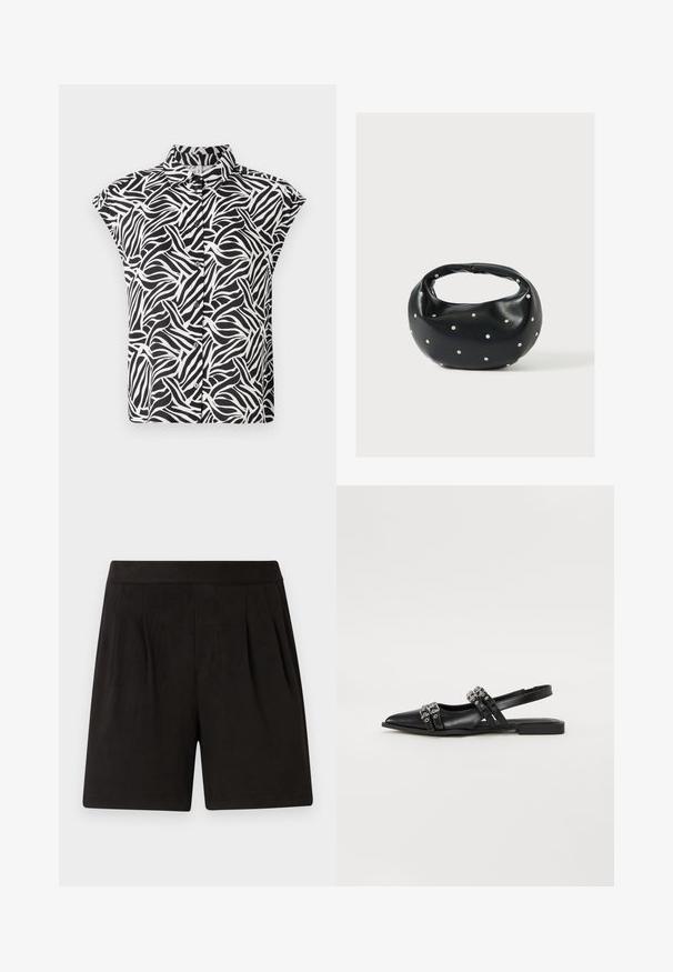 Korte mouwen shirt in zwart en wit, met een golfpatroon. Gemaakt van lichtgewicht stof met een kraag en knoopdetails.; Zwarte shorts van zacht materiaal, met een gladde textuur, elastische tailleband en geplooide voorkant. Eenvoudig en onafgewerkt.; Even&Odd by Zalando Slingback ballerina´s - black; Zwarte leren handtas met een afgeronde vorm, versierd met zilveren studs, en een korte handgreep. Gladde textuur en ritsluiting.