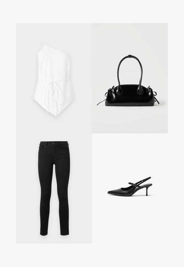 Hvid top med én skulder lavet af letvægtsstof. Har en bindedetalje ved taljen og en asymmetrisk kant. Glat tekstur.; Sorte skinny jeans lavet af stræk denim. Har et klassisk fem-lomme design og standard metalknaplukning i taljen.; Sorte læder slingback hæle med spids tå, slank justerbar rem og en stiletto hæl på cirka 5 cm, glat tekstur.; Lille sort blank håndtaske med to lange håndtag og snøre-detaljer i siden på en ensfarvet lys baggrund.
