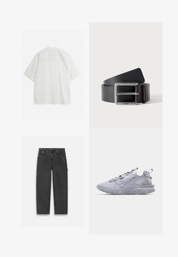 Camisa blanca de manga corta con corte cuadrado, dobladillo recto y cuello clásico, mostrada desde atrás sobre un fondo liso.; Pantalones de mezclilla gris oscuro con un diseño de pierna recta, estilo de cinco bolsillos y cierre visible de botón y cremallera. Presenta un detalle mínimo.; Zapatilla deportiva de color gris claro con parte superior de malla transpirable, suela de goma texturizada y acentos reflectantes. Cuenta con un cuello acolchado y diseño de cordones.; Cinturón de cuero negro enrollado con una hebilla rectangular plateada grabada con "HUGO" y una presilla de cuero con costuras rojas.