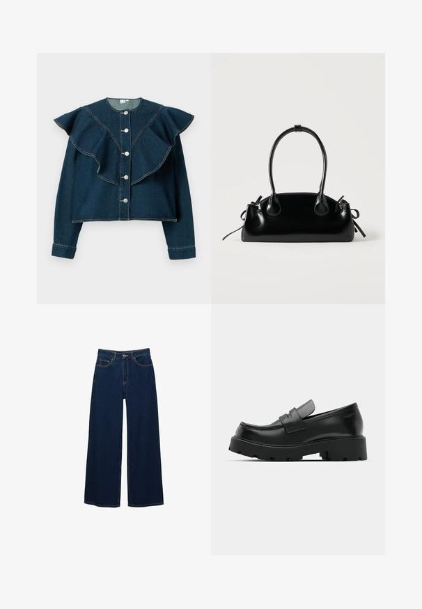 Donkerblauwe spijkerjasje met gerimpelde inzet, ronde halslijn, lange mouwen en zilveren drukknoopsluiting aan de voorkant.; Donkerblauwe jeans met brede pijpen van spijkerstof; voorzien van voorzakken en een knoopsluiting; opvallende stiksels langs de naden; geen patronen of versieringen.; Zwarte leren instappers met een chunky, gestructureerde zool, voorzien van een band over de voet en een gladde, gepolijste afwerking.; Kleine zwarte glanzende handtas met twee lange hengsels en zijkant trekkoord details op een effen lichte achtergrond.