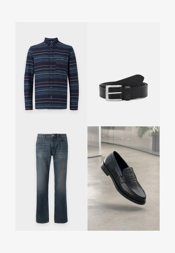 Camisa de manga larga con botones que presenta un fondo azul marino con franjas horizontales en varios tonos de azul, un cuello y un bolsillo en el pecho. Textura de tela suave.; Jeans de mezclilla azul oscuro con un diseño de pierna recta. Las características incluyen cinco bolsillos, costuras de contraste y un cierre frontal con botón y cremallera.; Mocasín de cuero negro con textura suave, punta puntiaguda y una correa decorativa a lo largo del empeine. Suela ligera, diseño minimalista.; Cinturón de cuero negro con una textura lisa, hebilla rectangular de plata y un lazo para el extremo. Presenta una costura ordenada a lo largo de los bordes.