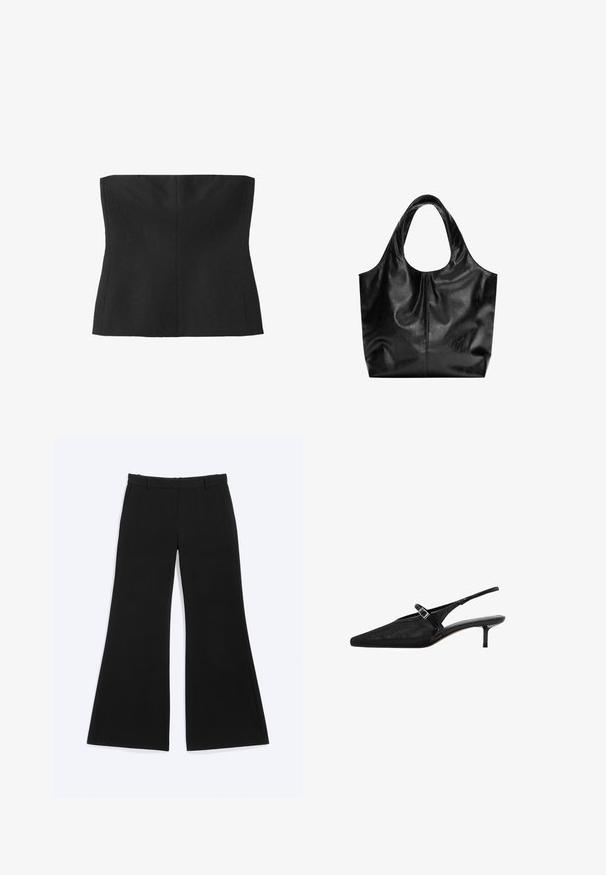 Zwarte strapless top in korsetstijl met gestructureerde naden en een aansluitende pasvorm.; Zwarte broek met wijde pijpen, riemlussen en zijzakken, plat weergegeven op een witte achtergrond.; Zwarte slingback hakken met puntige neuzen, een gestructureerde mesh bovenkant, slanke verstelbare band met zilveren gesp en 5 cm stiletto hakken.; Zwarte leren tote bag met een gladde textuur, een zachte ronde bovenkant en brede handvatten. Kenmerkt zich door minimale stiksels en een slungelige silhouet.