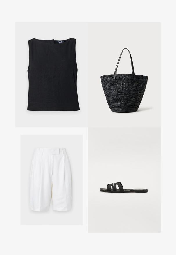 Schwarzes ärmelloses Damenoberteil mit Bootsausschnitt und seitlichem Reißverschluss, einfarbiger Stoff, GAP-Markenetikett sichtbar im Krageninneren.; Weiße, maßgeschneiderte Shorts mit hoher Taille, vorderen Falten, Gürtelschlaufen und einem verdeckten Haken- und Ösenverschluss am Bund.; Schwarze Riemensandale mit flacher Sohle und zwei breiten, überkreuzten Riemen. Hergestellt aus glattem Material, mit einem minimalistischen Design und ohne sichtbare Muster.; Schwarze, gewebte Tragetasche mit zwei dünnen Ledergriffen und einem dezenten, geflochtenen Logo auf der Vorderseite, stehend vor einem hellen Hintergrund.