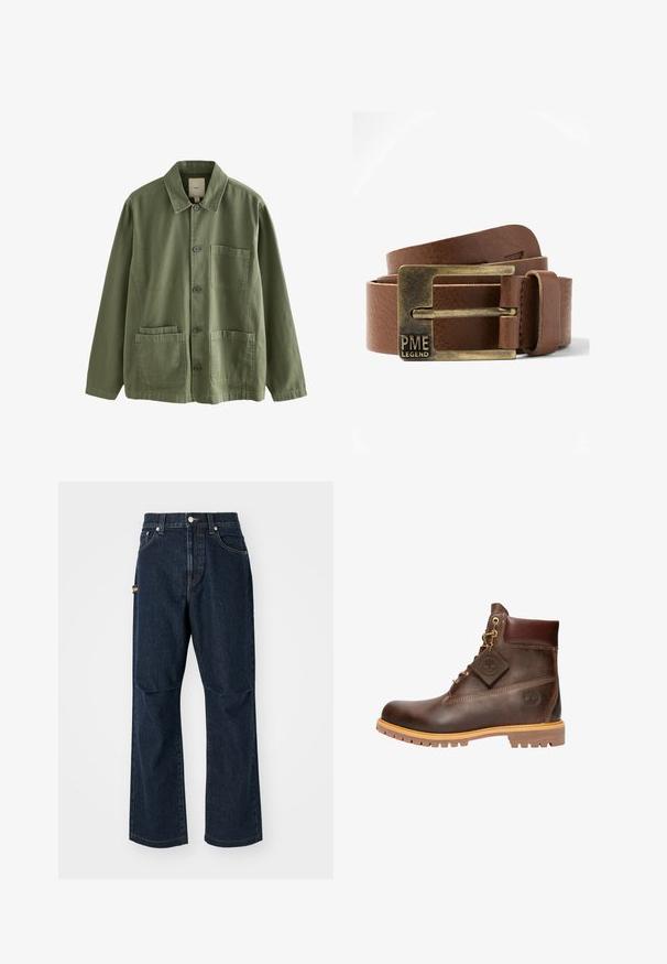 Olivengrøn knapjakke med krave, lange ærmer, én brystlomme og to nederste frontlommer.; Mørkeblå denim jeans med lige ben, frontlommer og en sidelomme. Har stiklinger i kontrastfarve og en knap i taljen.; Brun læder ankelstøvle med rund tå, solid sål, hardware i guldtone og en tekstureret overdel. Inkluderer et logo-tagfæstet.; Brun læderbælte rullet sammen med en patineret messing rektangulær spænde, der er indgraveret med "PME LEGEND" på en hvid baggrund.