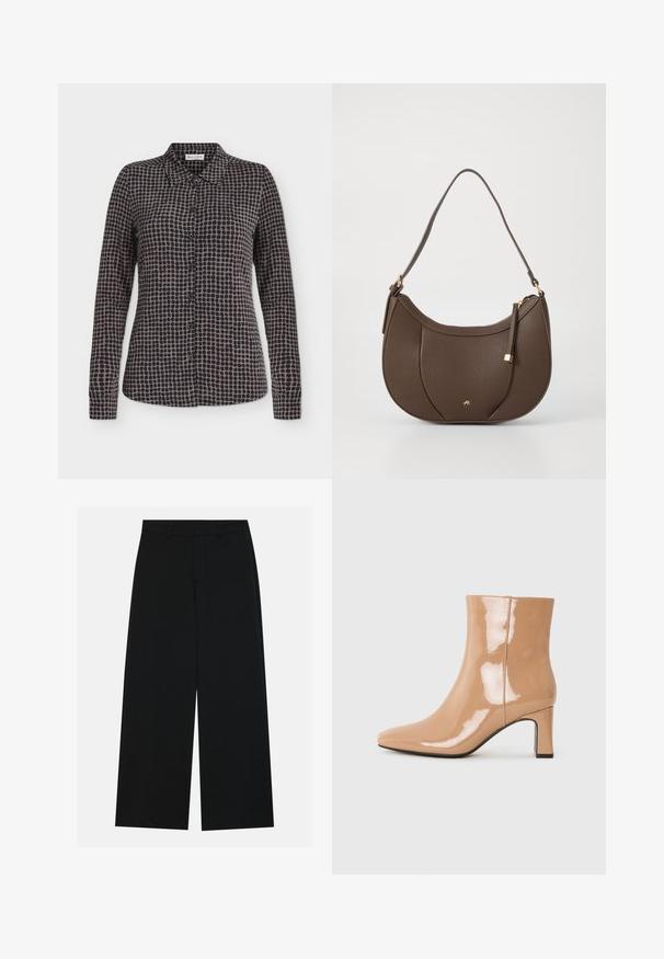 Chemise à manches longues à boutons avec motif à pois noirs et gris et col pointu, présentée sur fond blanc.; Pantalons noirs à jambe large en tissu lisse. Dotés d'une taille plate avec passants de ceinture et sans poches visibles. Design simple.; Bottes à talon nu patent avec un bout pointu, une finition brillante et un talon bloc de hauteur intermédiaire. Texture lisse et silhouette élégante.; Sac à main en cuir brun avec une forme courbée, accentué par un petit détail en métal doré et une surface texturée, doté d'une fermeture éclair.