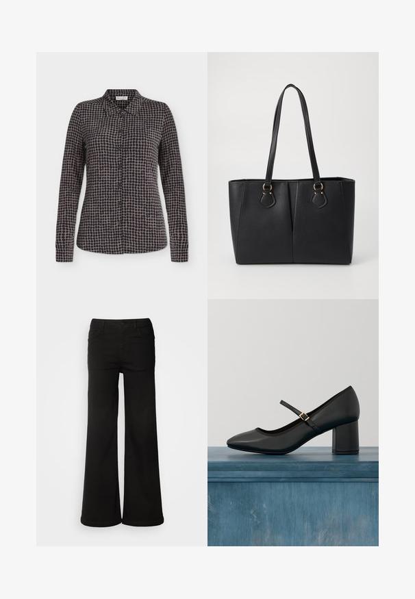 Langärmliges Hemd mit Knopfleiste, schwarzem und grauem Polka-Dot-Muster und spitzem Kragen, auf weißem Hintergrund dargestellt.; Schwarze, weit geschnittene Jeanshose aus Denim, mit vorderen Taschen, Knopfverschluss und einer glatten Textur mit sauberem Finish.; Schwarze Mary-Jane-Schuhe mit Blockabsatz und goldener Schnallenriemen, die über einem glatten Betonboden in einer minimalistischen Innenanordnung schwebt.; Schwarze Handtasche aus Kunstleder mit strukturierter Oberfläche, zwei langen Tragegriffen und goldfarbenen Hardware-Details an der Seite. Rechteckige Form.