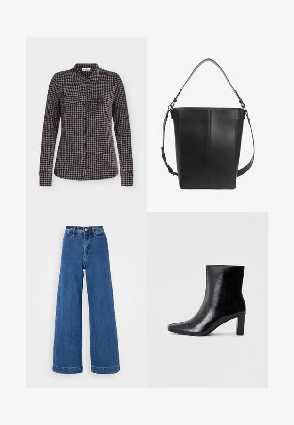 Chemise à manches longues à boutons avec motif à pois noirs et gris et col pointu, présentée sur fond blanc.; Jean taille haute à jambes larges en denim bleu. Présente une fermeture à bouton à l'avant, cinq poches et des détails déchirés le long des bords.; Bottine noire en cuir brillant, avec un bout pointu et un talon carré moyen, présentant une texture lisse et un design simple.; Sac seau en cuir noir avec deux bretelles réglables et des détails de couture minimalistes sur un fond uni.