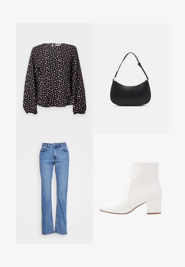 Schwarze langärmelige Bluse mit einem floralen Muster in Pink und Weiß, strukturiertem Stoff, rundem Ausschnitt und einem gerafften Saum mit Peplum-Design.; Blaue Denim-Jeans mit geradem Bein, hoher Taille und fünf Taschen. Der Stoff weist eine ausgewaschene Optik und leichte Abnutzungserscheinungen auf.; Weiße Knöchelstiefel mit glatter Oberfläche, eckiger Zehenpartie und einem Blockabsatz in mittlerer Höhe. Steppnähte betonen das minimalistische Design.; Pieces PCALUANA SHOULDER BAG - Handtasche - black