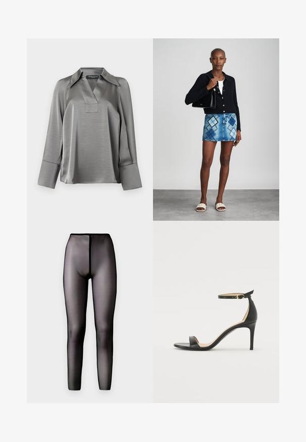Blouse en satin argenté avec un col pointu, un décolleté en V et des manches longues avec de larges poignets. Texture lisse avec un léger éclat.; Leggings noirs transparents avec une taille haute et une texture lisse. Présente un design sans couture et une silhouette ajustée.; Sandale à talons hauts en cuir noir avec une lanière de cheville. Présente une texture lisse, un bout ouvert et un talon fin. Détail de boucle en ton doré.; Un cardigan en maille noir, un haut blanc, une jupe en denim avec un motif de diamants bleus et noirs, un sac à main noir et des sandales à enfiler beiges.