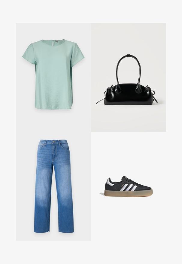 Top de manga corta en verde menta con escote redondo y pequeña abertura en forma de llave en la parte trasera, confeccionado en una tela suave y ligera.; Jeans de denim azul claro con corte de pierna ancha, que cuentan con cinco bolsillos, cremallera y un ligero desgaste en los muslos. Bordes con acabado limpio.; Zapatilla deportiva de cuero negro con tres rayas plateadas, punta texturizada y suela de goma. Cuenta con un collar acolchado y un diseño con cordones.; Pequeño bolso negro brillante con dos asas largas y detalles de cordón lateral sobre un fondo claro liso.