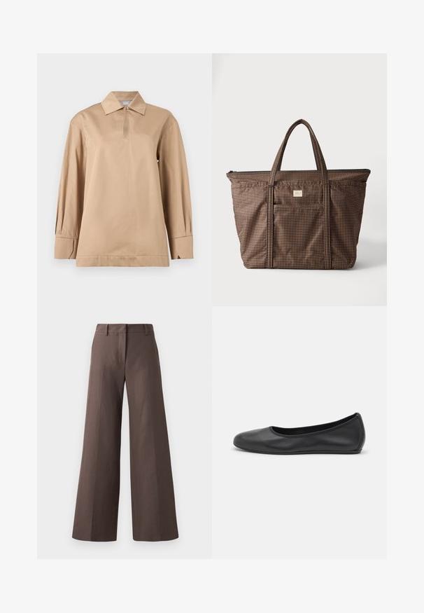 Chemise beige à manches longues avec col pointu, encolure goutte d'eau avec bouton, et larges poignets sur fond uni.; Pantalons amples marron en tissu lisse ; dotés d'un devant plat, de passants de ceinture et de coutures verticales le long des jambes.; Ballerines en cuir noir avec un bout rond, texture lisse, détails de couture minimalistes et design de semelle flexible.; Petit sac cabas à carreaux marron et noir avec double poignée et poche avant sur fond blanc uni.