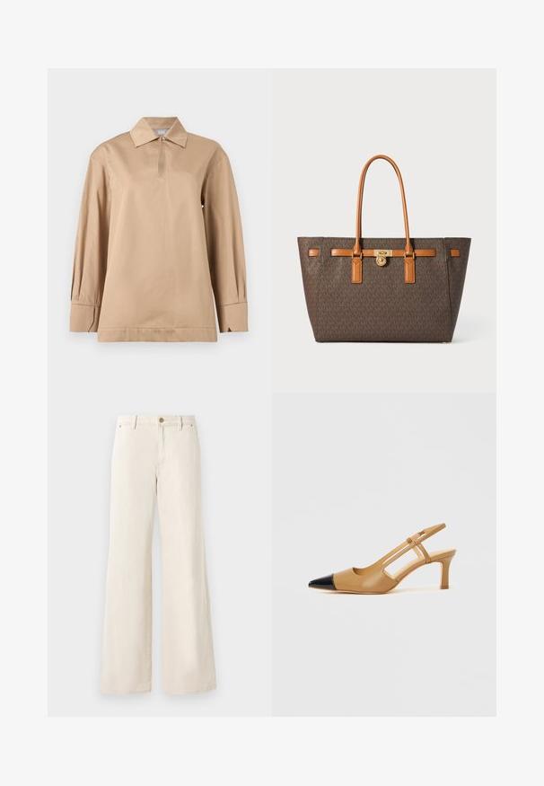 Beige longsleeve overhemd met een puntige kraag, keyhole-halslijn met knoop en brede manchetten op een effen achtergrond.; Beige wijde broek van katoen met een gladde textuur. Heeft een knoopsluiting, voorzakken en een klassiek taillebandontwerp.; Beige slingbackhakken met een spitse zwarte neuskap, met uitgeholde zijkanten en een blokhak van gemiddelde hoogte. Glad leermateriaal.; Bruine monogram tote bag met karamelkleurige leren accenten, gouden hardware, twee lange handvatten en een gestructureerd ontwerp.