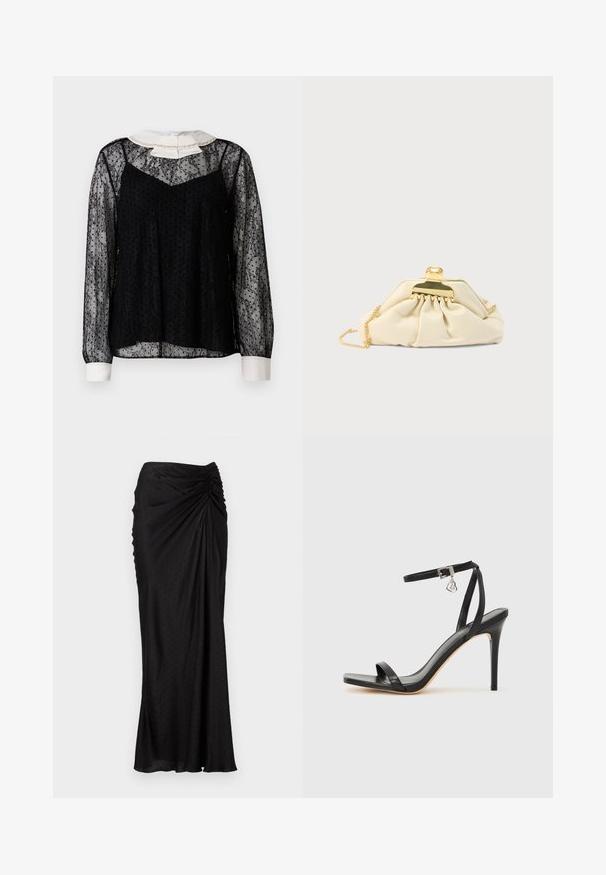 Blouse en dentelle noire à manches longues, col blanc avec un nœud et des ornements, finition texturée et silhouette ample.; Jupe midi noire en tissu doux avec un design drapé, des pois texturés et des fronces à la taille.; Sandale à talon haut noire avec une bride étroite à la cheville, bout carré, cuir lisse et accent de boucle métallique.; Pochette couleur crème en matière douce, dotée d'un fermoir doré et d'une bandoulière chaîne, avec un design froncé sur le corps.