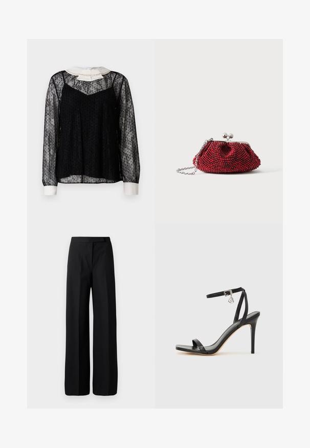 Blusa de encaje negro con mangas largas, cuello blanco con un lazo y adornos, acabado texturizado y silueta suelta.; Pantalones negros de pierna ancha con una textura suave y mate. Cintura plana sin herrajes visibles ni patrones. Diseño simple y elegante.; Sandalia de tacón alto negra con una estrecha correa en el tobillo, punta cuadrada, material de cuero liso y detalle de hebilla metálica.; Pequeño bolso de mano rojo con cuentas, cierre plateado y correa de cadena sobre un fondo blanco liso.