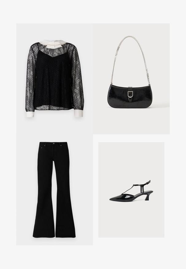 Zwarte kanten blouse met lange mouwen, witte kraag met strik en versieringen, textuurafwerking en een losse silhouet.; Zwarte flare jeans van denim, met een klassiek vijf-pocket ontwerp, knoopsluiting en subtiele stiksels langs de naden.; Zwarte lakleren lage hak schoen met puntige neus, T-bandje en gespsluiting op een lichte neutrale achtergrond.; Zwarte lakleren schoudertas met een zilveren gespdetail en een zilveren kettingriem, getoond tegen een effen lichte achtergrond.