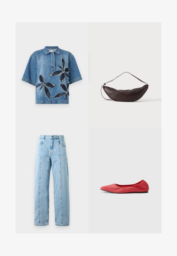 Modrá crop top košeľa z denimu s golierom, zdobená veľkými kvetovými aplikáciami z tmavého denimu a ošúchanými okrajmi pre textúru.; Svetlomodré džíny s vysokým pásom, rovného strihu, s prednými švami, bočnými vreckami, pútkami na opasok a kovovým zapínaním.; Filippa K REY FLATS - Balerínky - bright red; Tmavohnedá kožená polmesiacová taška na rameno s oblúkovým pásikom a viditeľným prešitím na jednofarebnom pozadí.