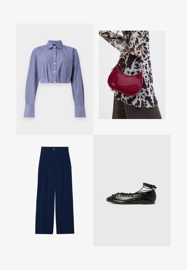 Chemise courte rayée bleue avec un devant boutonné, des manches longues, un col classique et des poignets larges. Fabriquée en tissu léger.; Pantalons larges bleu marine en matériau doux, avec des plis avant, une fermeture à bouton et deux poches latérales.; Ballerines en cuir verni noir avec un bout rond, un design à lacets et une semelle plate. Texture lisse avec peu de détails.; Femme portant un chemisier à motif noir et blanc tenant un sac à main rouge brillant sur un fond uni.