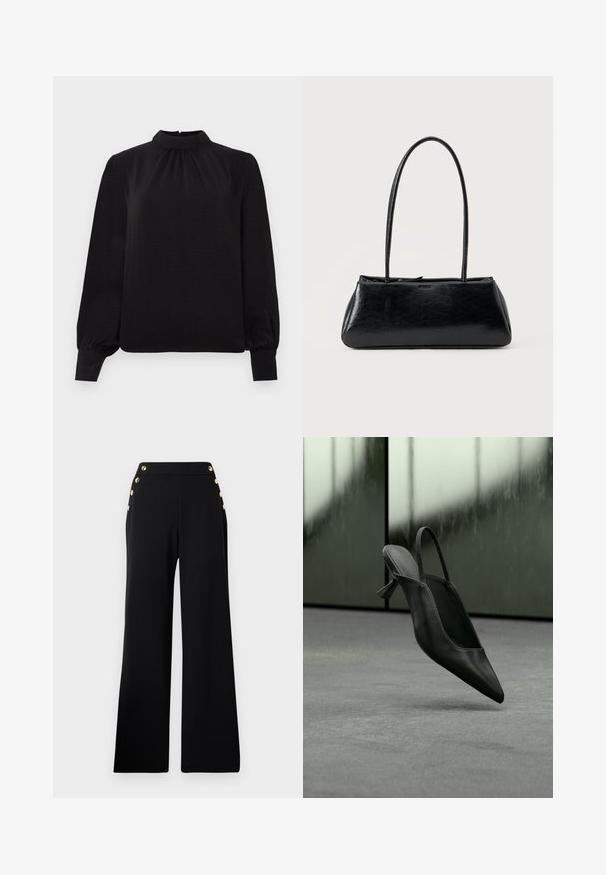 Blusa negra de manga larga con cuello alto, sutiles pliegues frontales, puños fruncidos y cierre de botón en la parte trasera.; Pantalones de pierna ancha de talle alto en negro con botones dorados en la parte delantera y bolsillos en ambas caderas sobre un fondo blanco.; Zapato de tacón alto con punta puntiaguda y talón destalonado de cuero negro flotando sobre un suelo alfombrado gris, fondo de pared verdosa borrosa.; Bolso de hombro rectangular negro con correas largas y delgadas y una textura lisa y brillante sobre un fondo liso.
