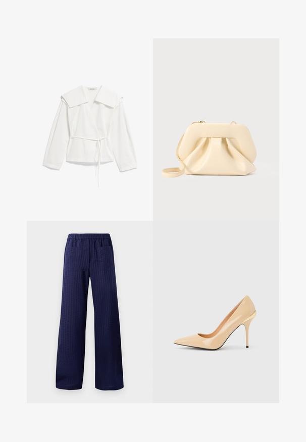 Witte wikkelblouse met lange mouwen, oversized kraag en dunne tailleband, gemaakt van lichtgewicht stof, plat gestyled op een witte achtergrond.; Marineblauwe wijde broek met een textuurfinish, elastische tailleband en twee achterzakken. Gemaakt van lichtgewicht, ademend materiaal.; Beige lakleren pump met hoge hak, spitse neus en slanke stilettohak, met een klein gouden accent aan de achterkant.; Beige zachte leren clutch met gestructureerd frame en geplooid voorkantdetail, voorzien van een dunne polsriem en een gouden rits.