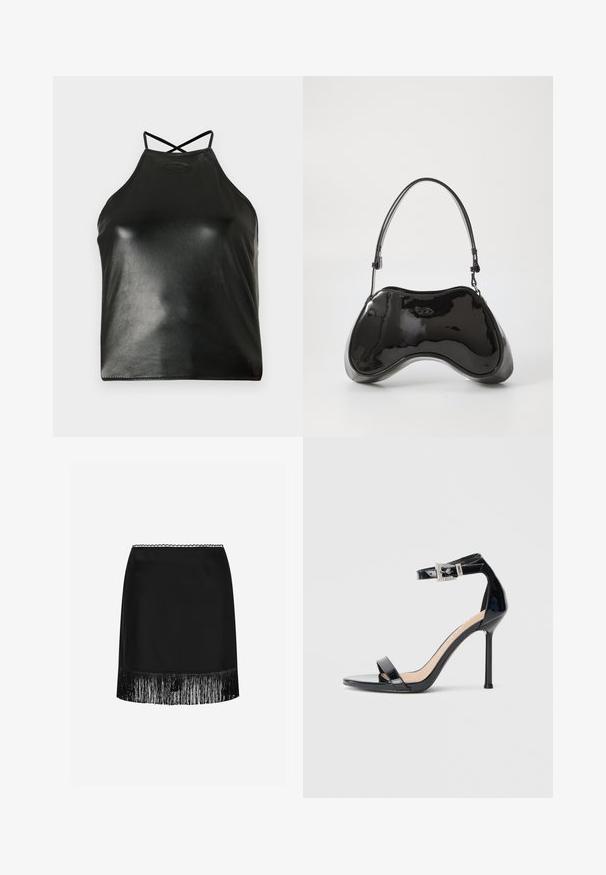 Haut noir à col licou en similicuir brillant. Dispose de bretelles croisées dans le dos et d'un logo discret embossé près de l'encolure.; Mini-jupe en satin noir avec une ceinture festonnée et une bordure à franges le long de l'ourlet, présentée sur un fond blanc uni.; Sandale à talon haut en cuir verni noir avec bride à la cheville. Présente un design minimaliste, un bout ouvert et une boucle ornée de strass.; Sac à main en cuir verni noir avec une forme incurvée unique, une anse courte et ajustable, et une fermeture zippée. Texture lisse avec un branding discret.