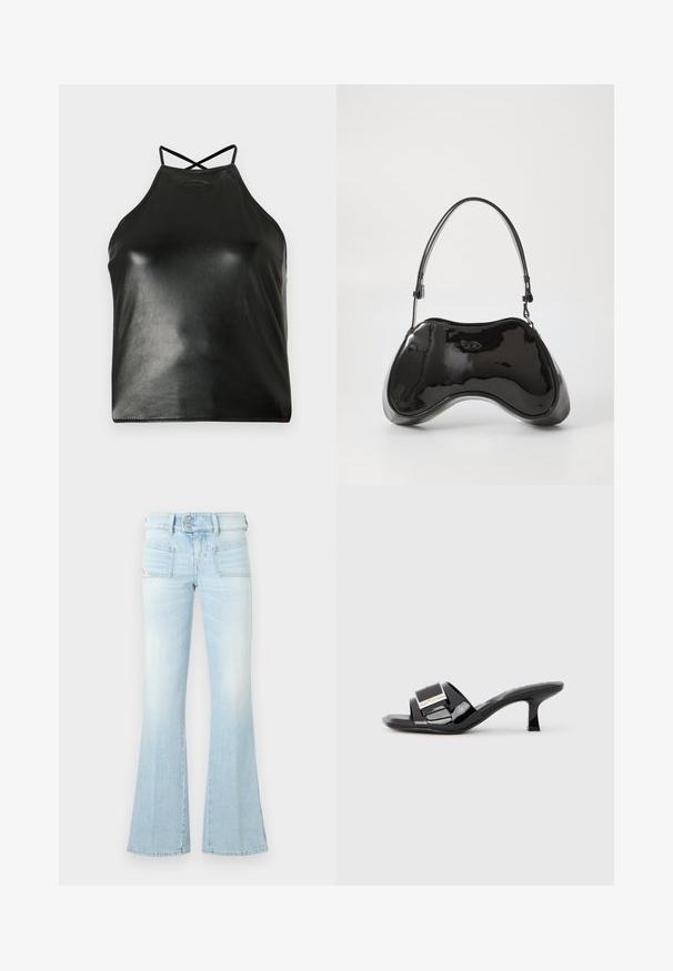 Haut noir à col licou en similicuir brillant. Dispose de bretelles croisées dans le dos et d'un logo discret embossé près de l'encolure.; Jean flare bleu clair en denim délavé avec deux poches avant, une taille à boutons et des détails de couture contrastants. Texture lisse.; Mules en cuir verni noir avec bout ouvert, larges brides, accent métallique et petit talon carré. Texture lisse avec une finition brillante.; Sac à main en cuir verni noir avec une forme incurvée unique, une anse courte et ajustable, et une fermeture zippée. Texture lisse avec un branding discret.